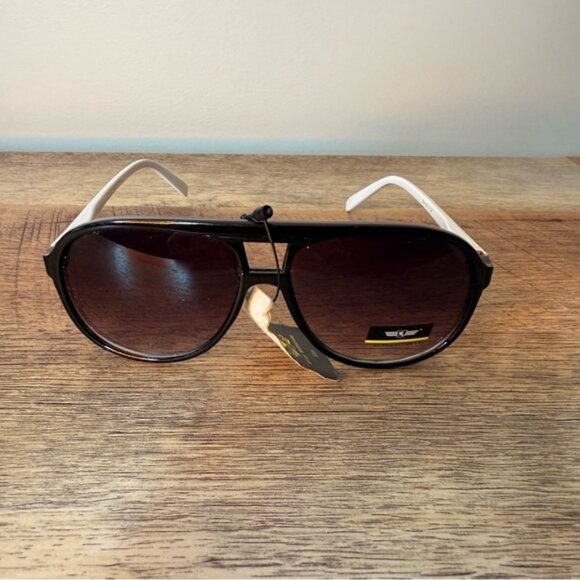 KHAN ELITE COLLECTION NWT Aviator Sunglasses Plastic Frames Black White Classic - Picture 10 of 14